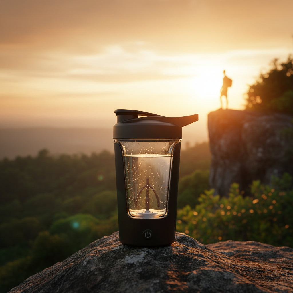 Black and clear portable blender on a white background